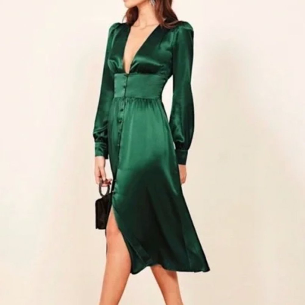 NWT Reformation Nicola Emerald Green Silk Midi Dress,  Elegant and flattering